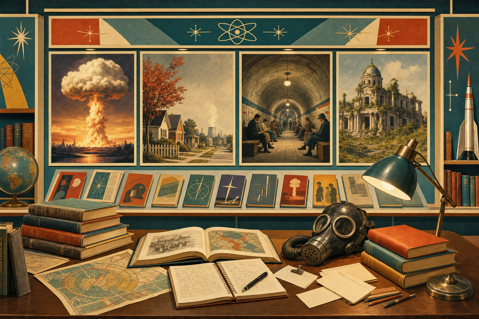Retro atomic-age editorial illustration for a guide to the best books about nuclear war
