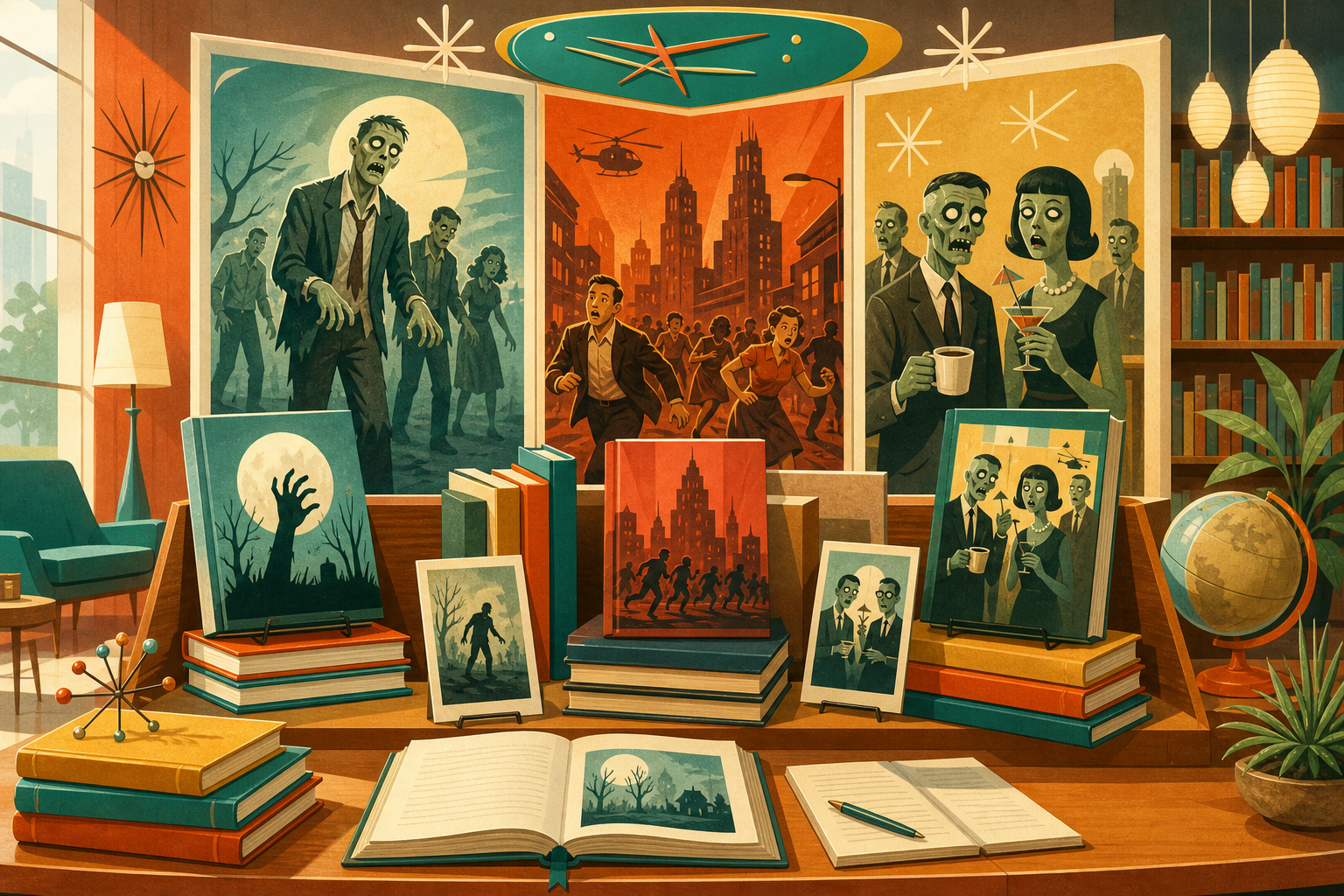 Retro editorial illustration of a mid-century library display devoted to zombie fiction