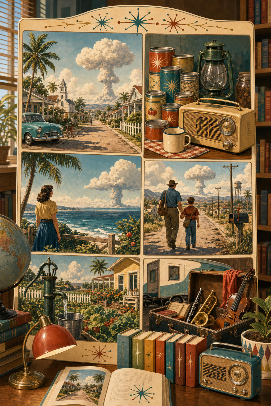 Retro atomic-age library display illustration for books like Alas, Babylon