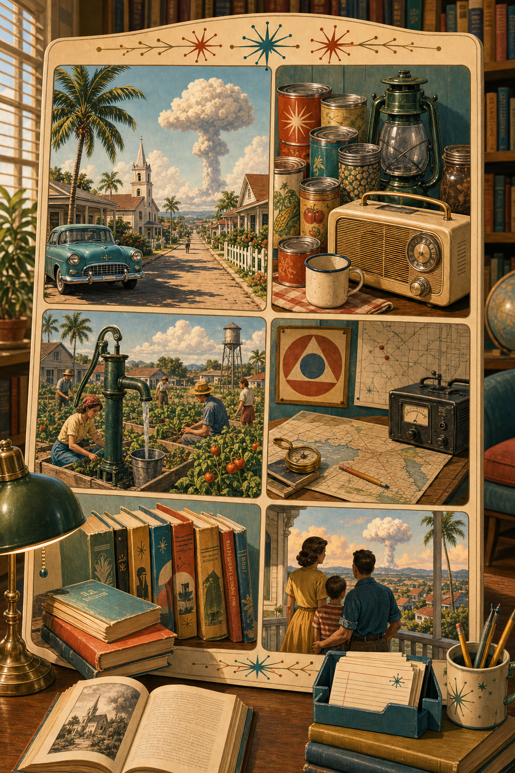 Retro atomic-age library display illustration for books like Alas, Babylon