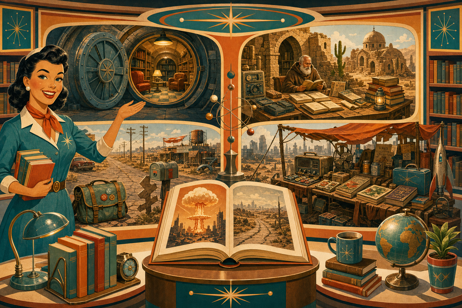 Retro atomic-age editorial illustration for a guide to books like Fallout