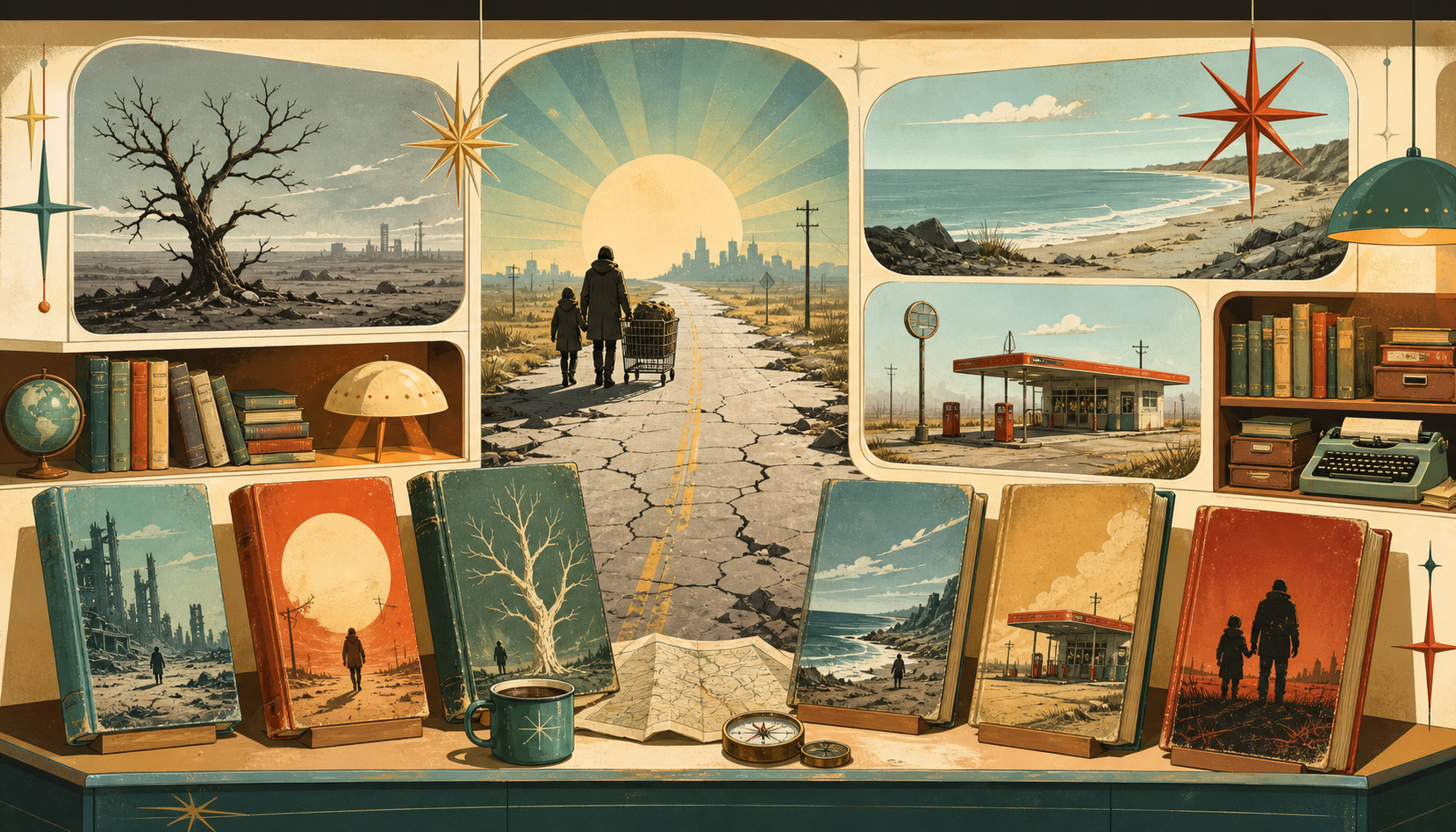 Retro atomic-age editorial illustration for a guide to books like The Road by Cormac McCarthy