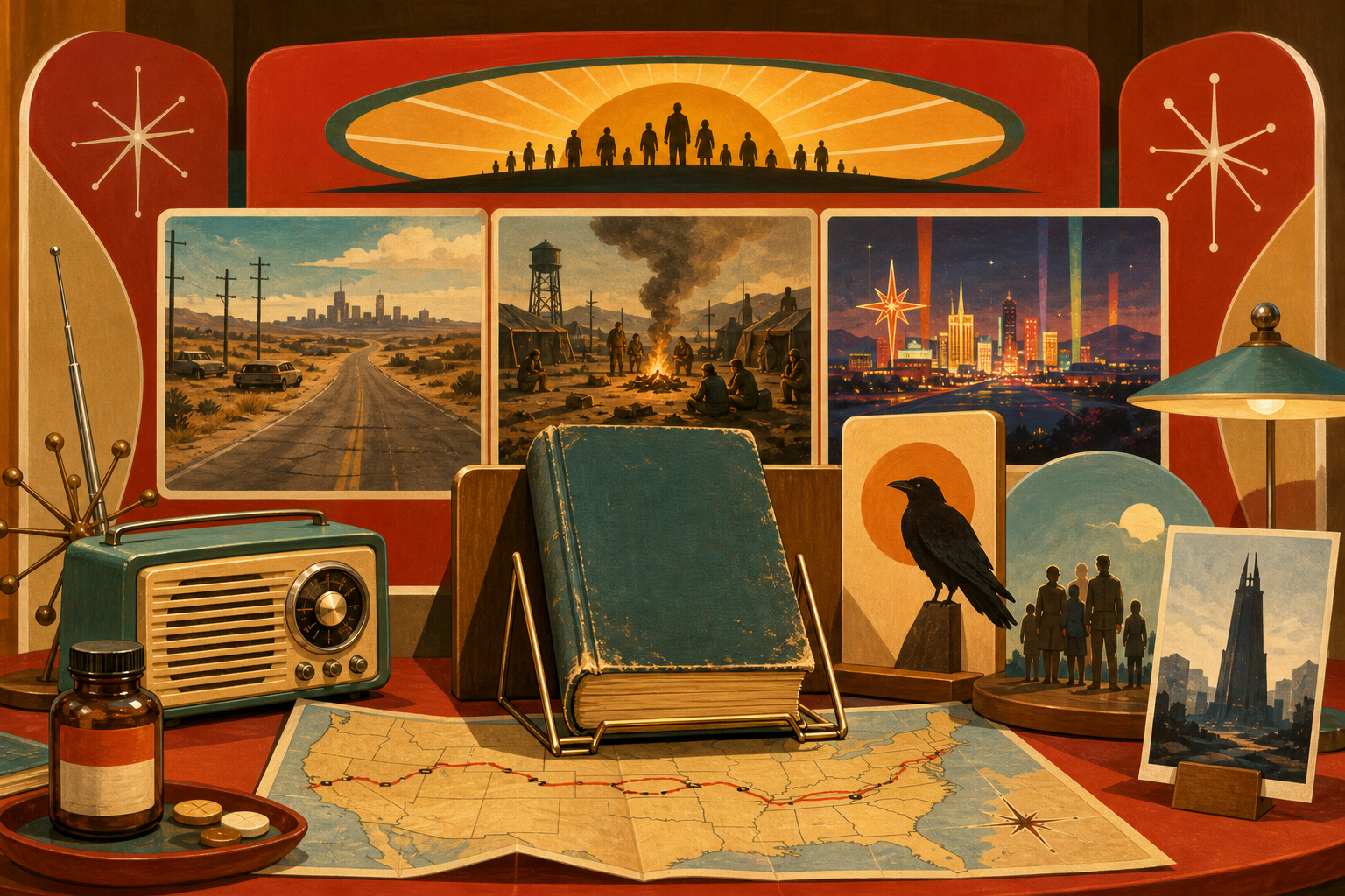 Retro atomic-age editorial illustration for a guide to books like The Stand by Stephen King