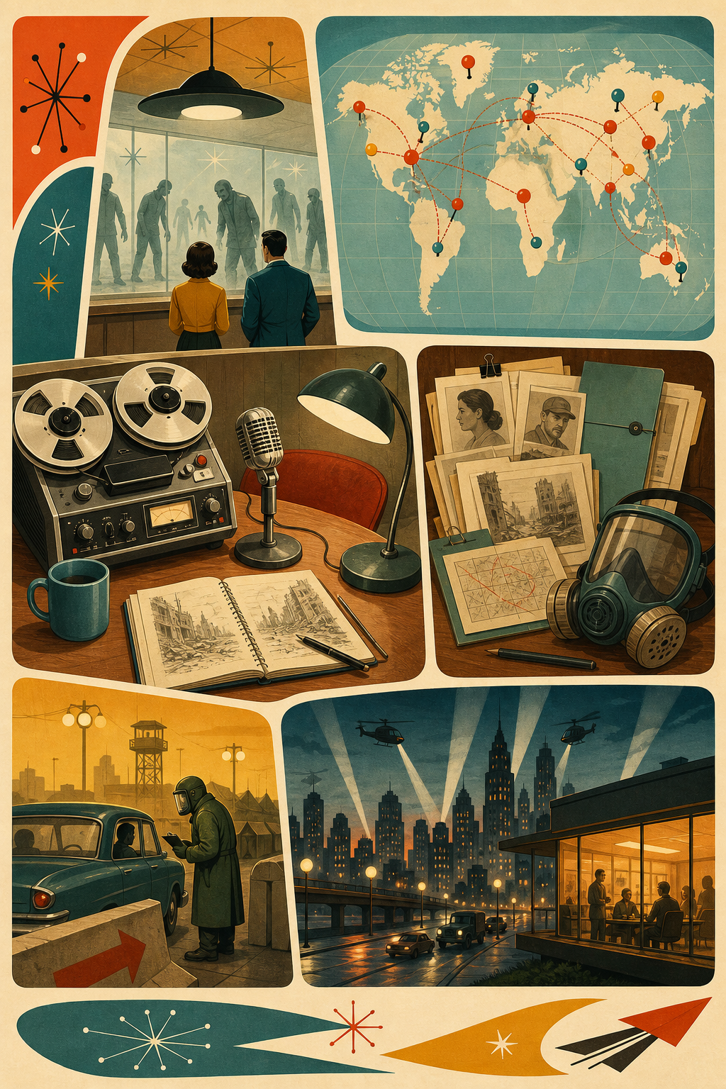 Retro atomic-age editorial illustration for a guide to books like World War Z by Max Brooks