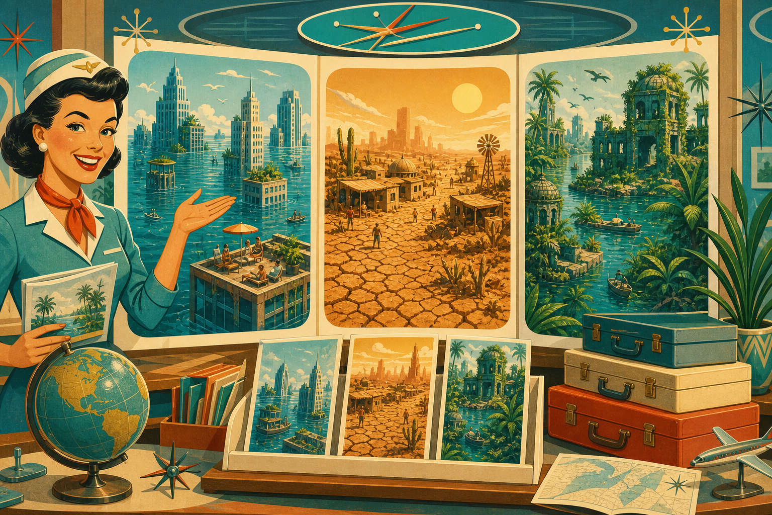 Retro 1950s travel advert illustration for three post-apocalyptic climate holidays