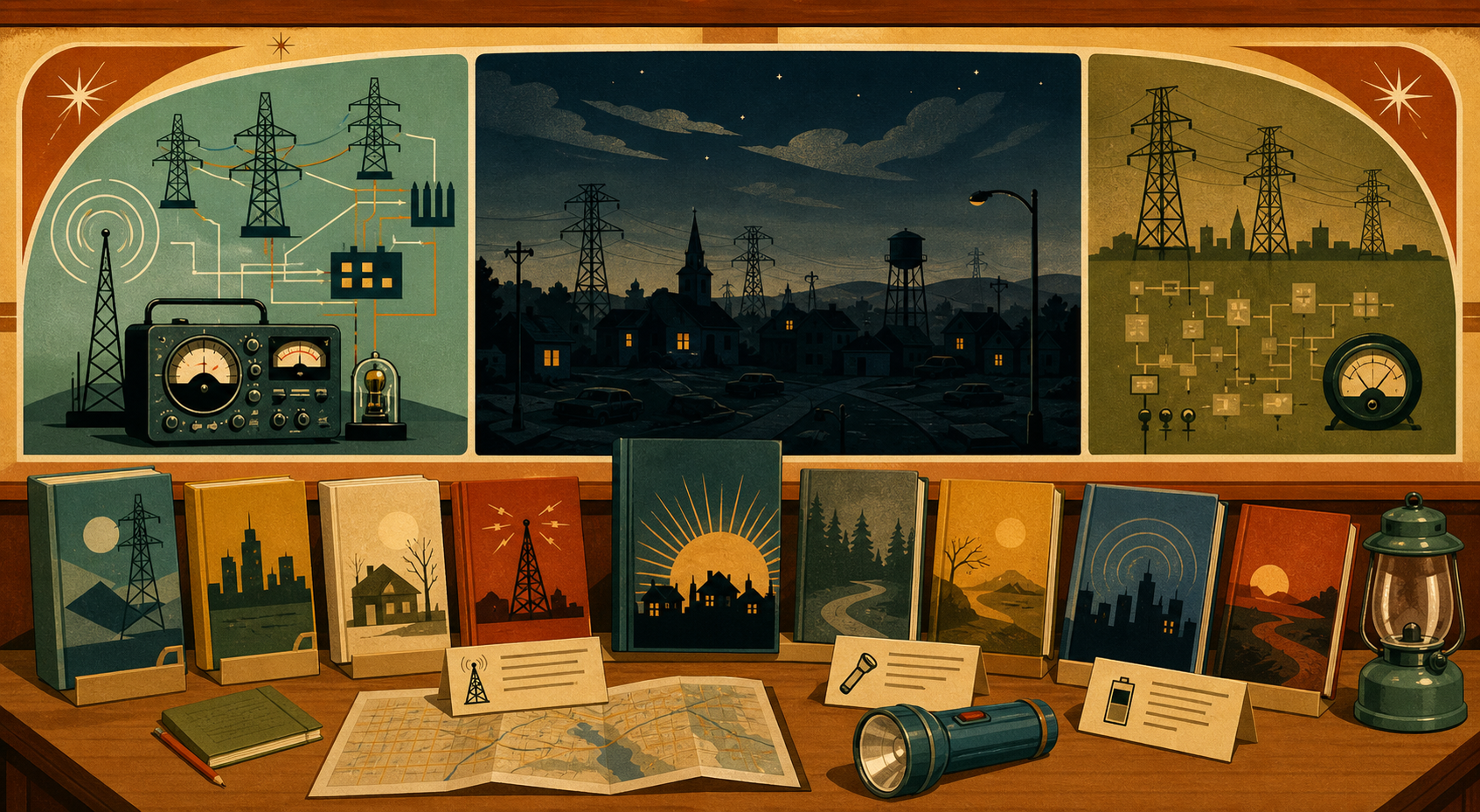 Retro atomic-age editorial illustration of an EMP-fiction library exhibit with blackout skyline, power-grid panels, and books