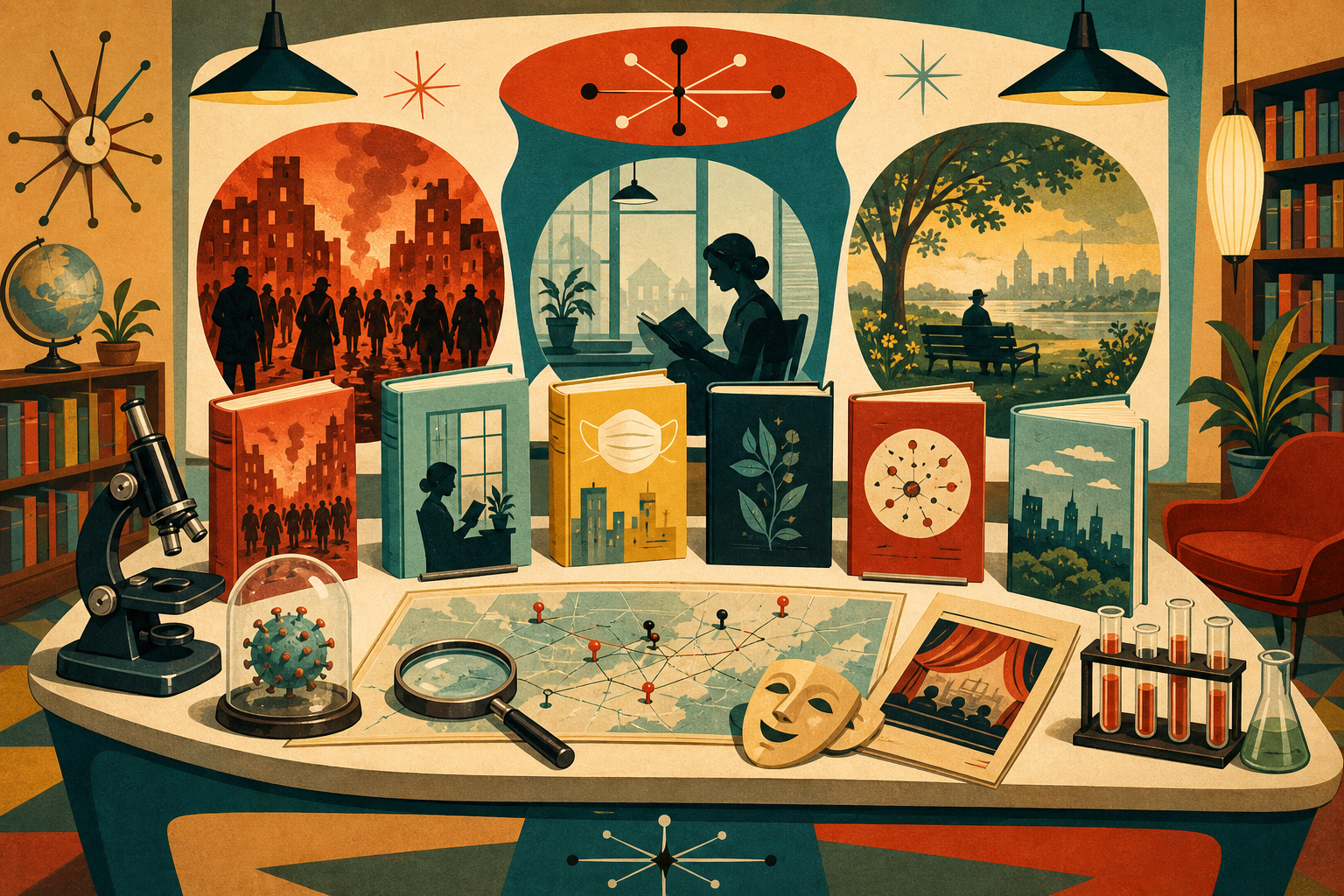 Retro editorial illustration of a mid-century library display devoted to pandemic fiction