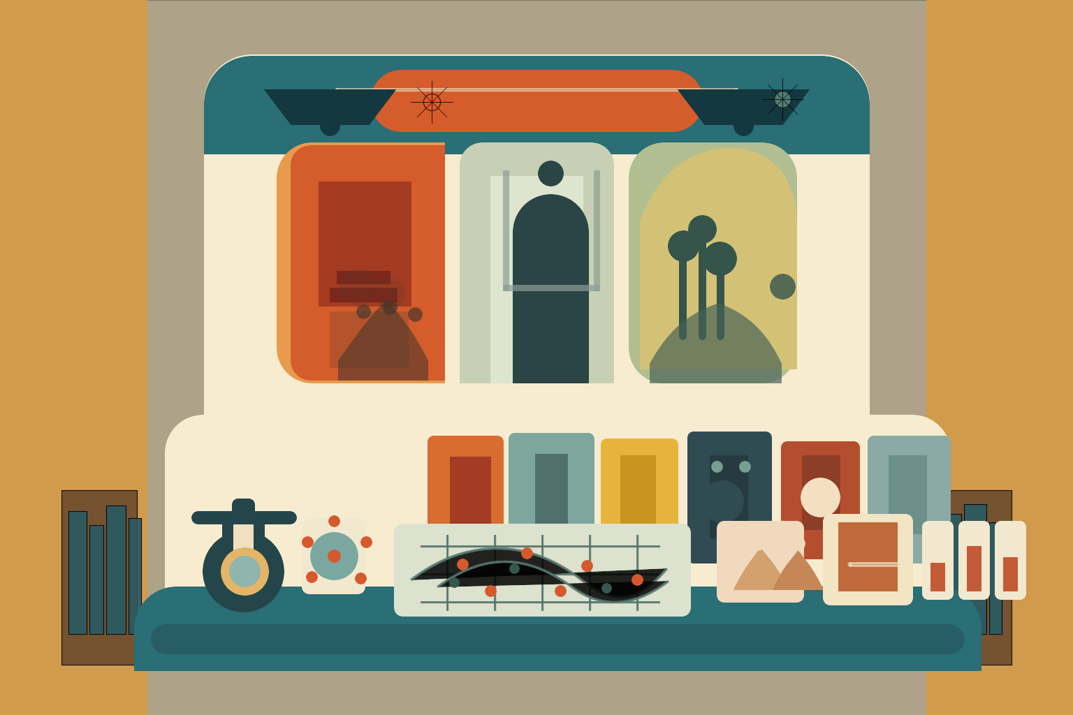 Retro editorial illustration of a mid-century library display devoted to pandemic fiction
