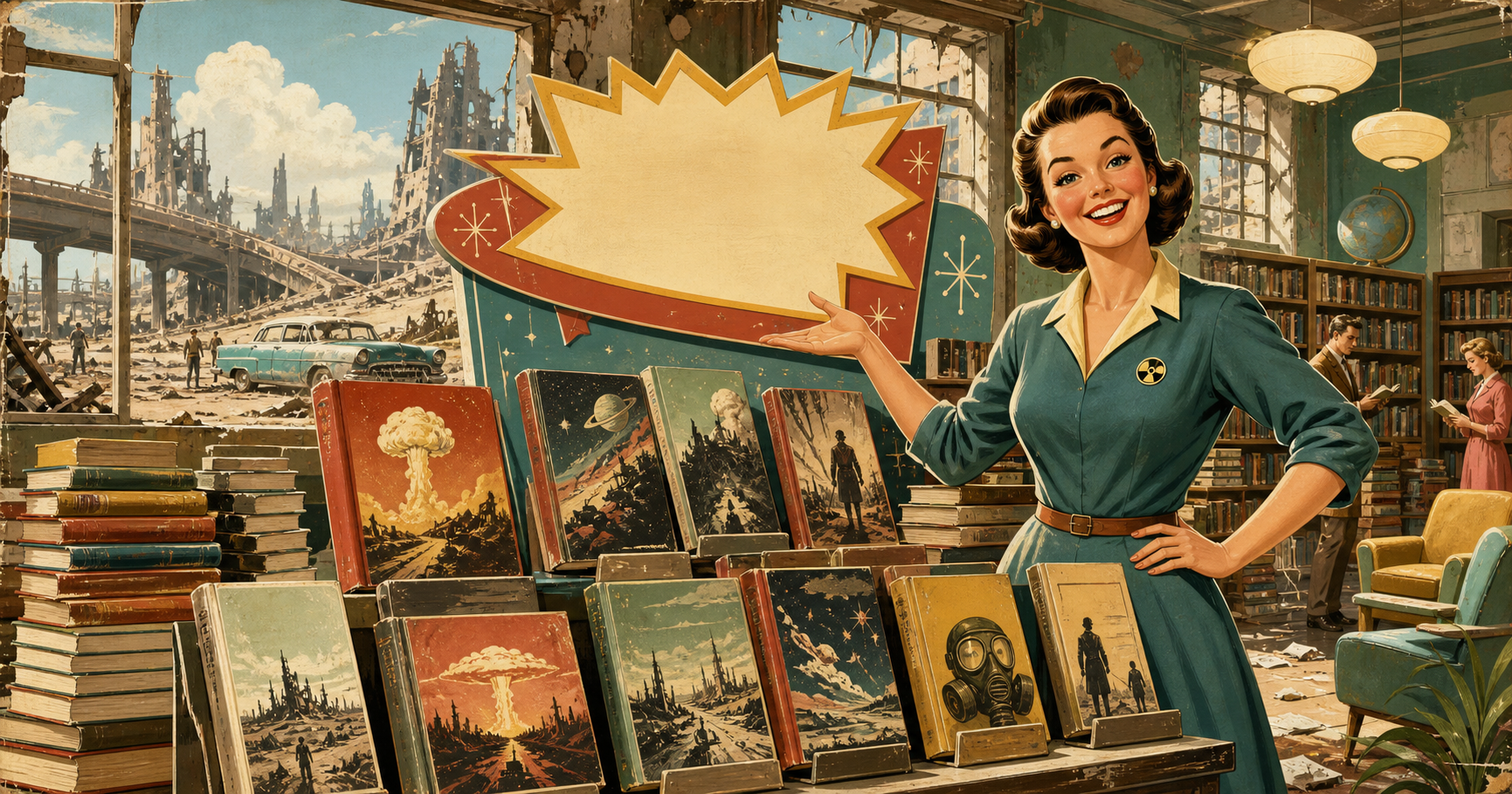 Retro 1950s style advert illustration showing a post-apocalyptic library book sale display