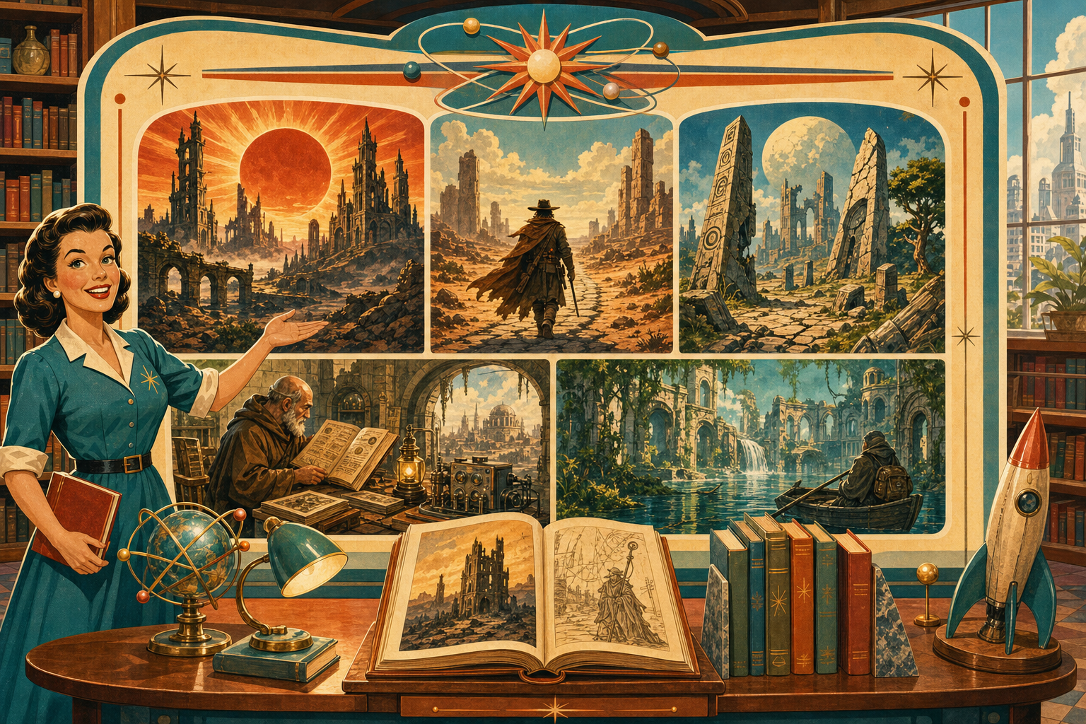 Retro atomic-age editorial illustration for a guide to post-apocalyptic fantasy books