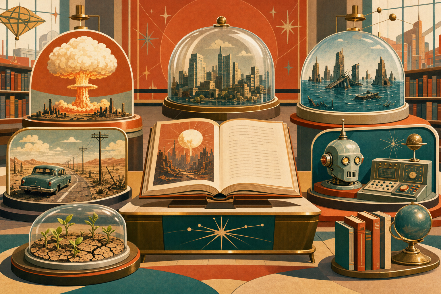 Retro atomic-age library exhibition illustration for a guide to post-apocalyptic fiction