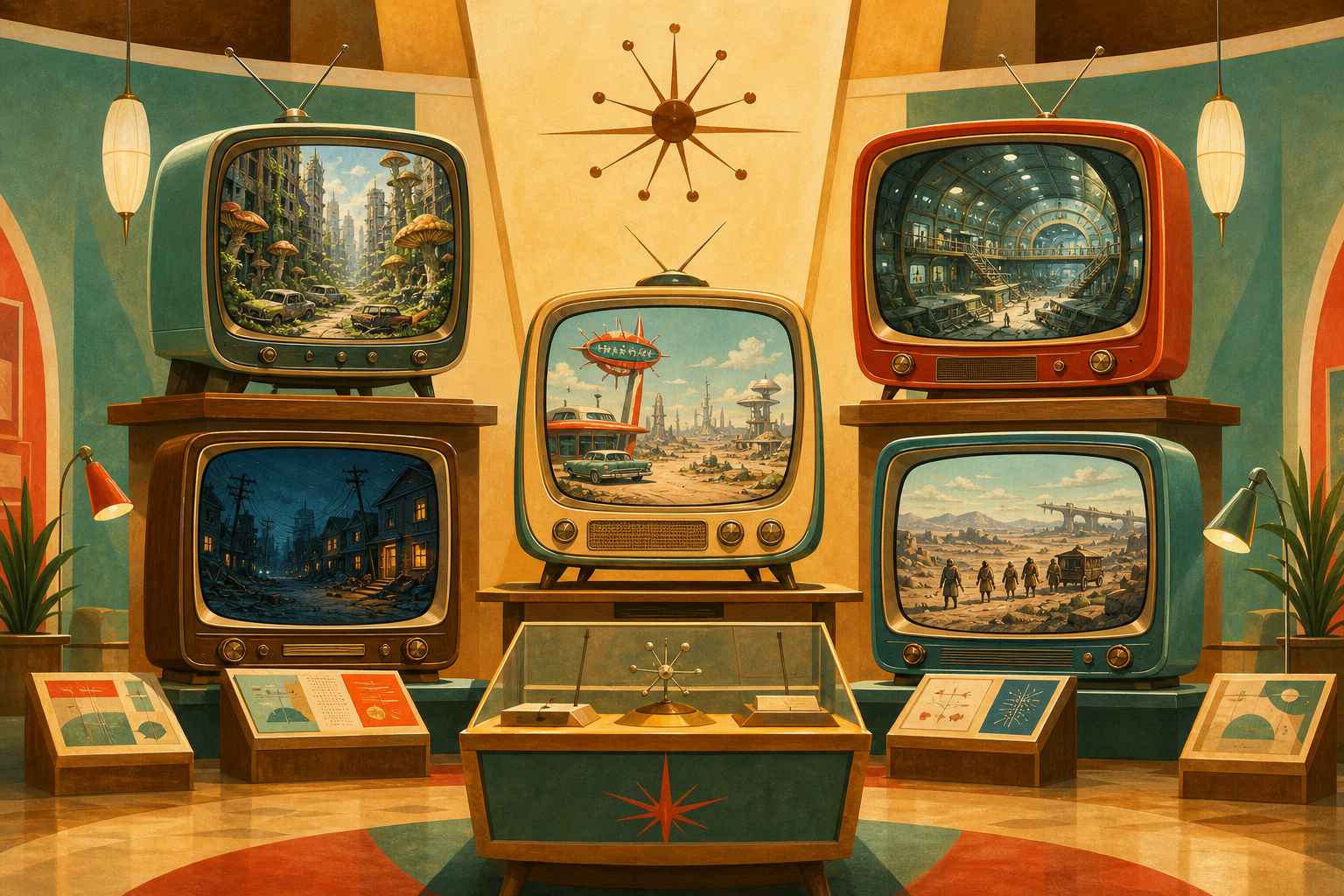 Retro atomic-age editorial illustration of a curated display of post-apocalyptic television sets and exhibit panels