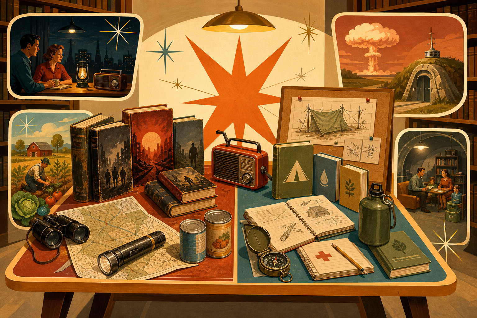 Retro editorial illustration of a mid-century survival-reading display with prepper novels, manuals, radios, maps, and shelter sketches