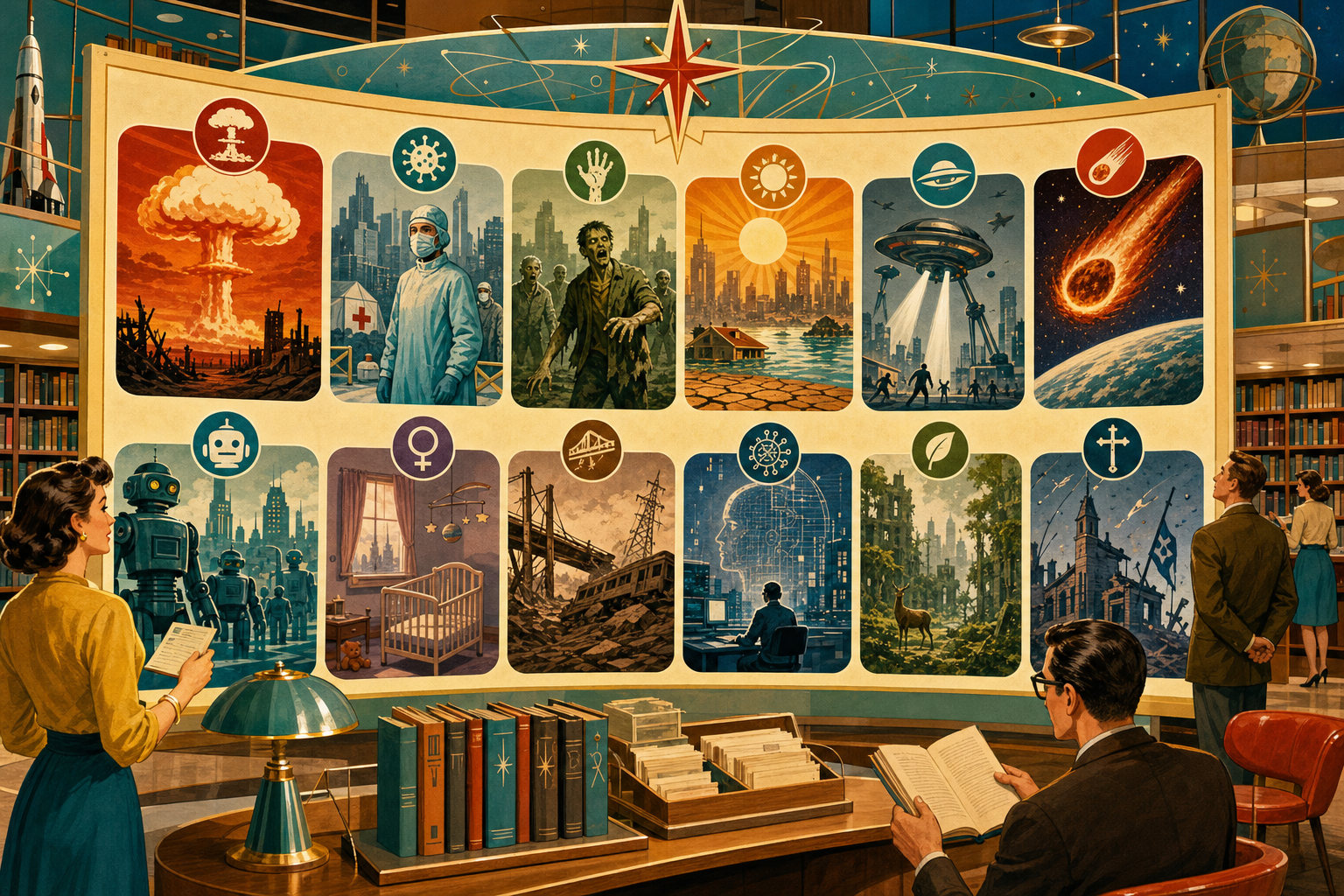 Bright retro editorial illustration showing a library exhibition of apocalypse subtypes