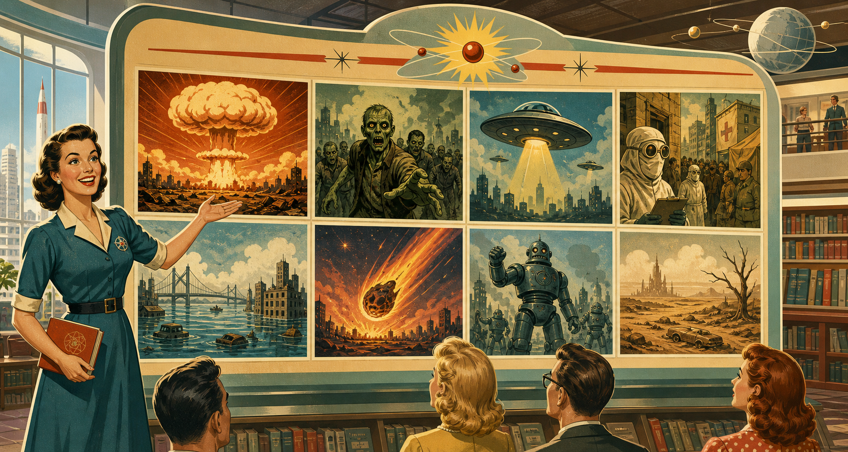 Retro 1950s style apocalypse exhibition illustration showing multiple end-of-the-world scenarios