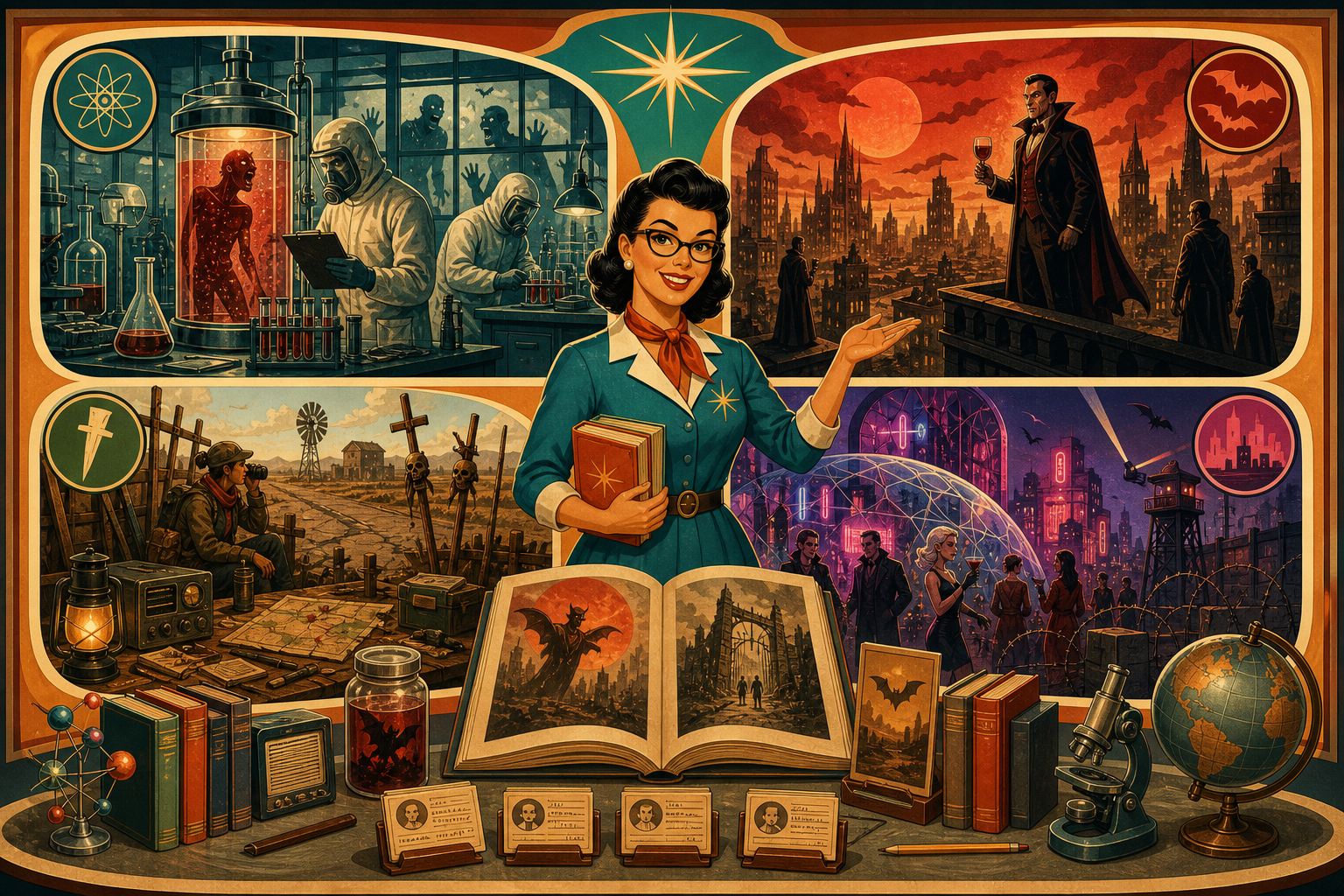 Retro atomic-age editorial illustration for a guide to vampire apocalypse books