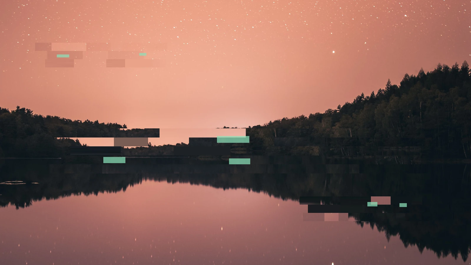 Stars and a rose-coloured sky reflected in a forest lake, interrupted by broad digital fragments and small coloured blocks.