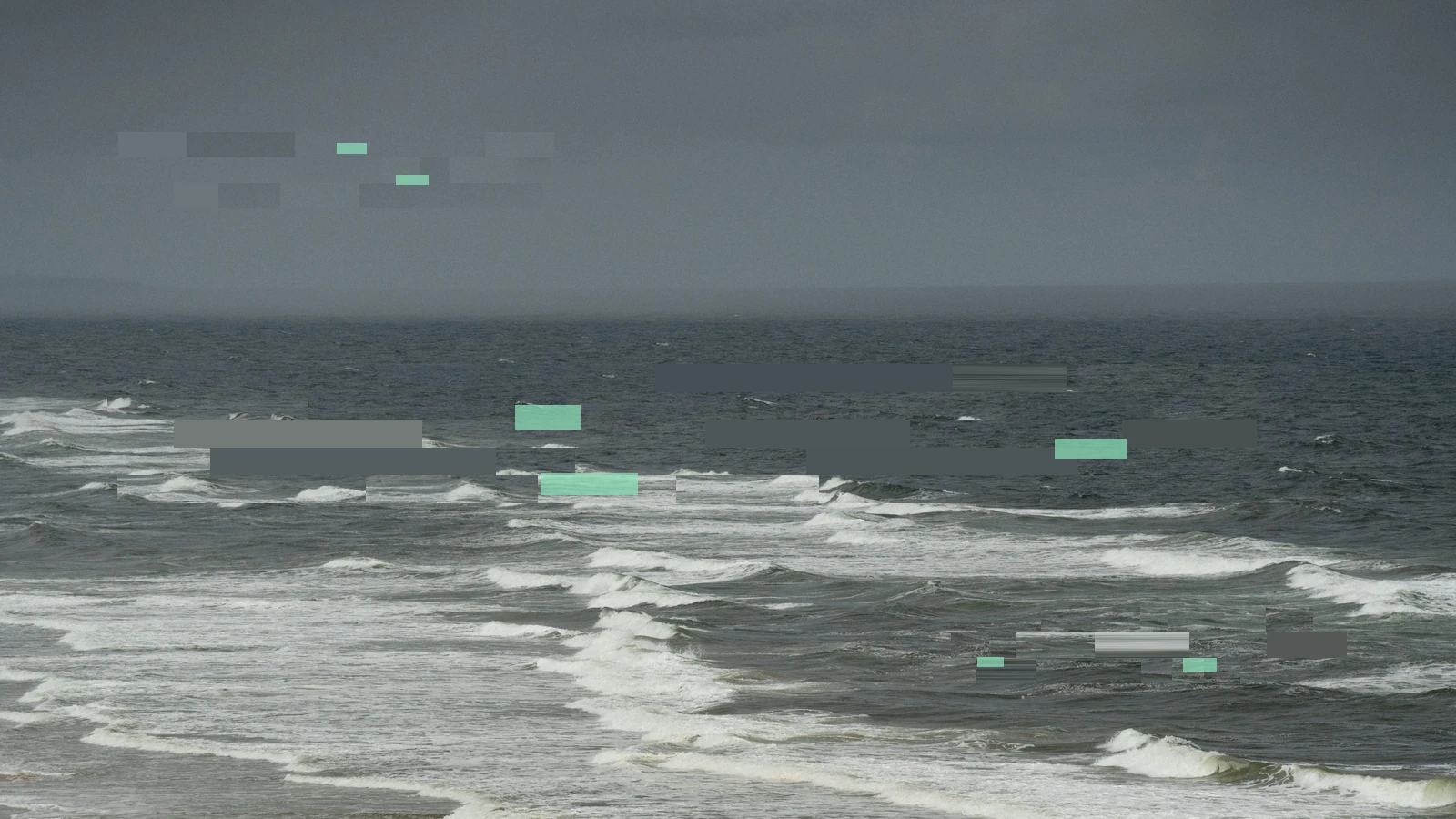 Grey waves rolling towards an empty shore, interrupted by broad digital fragments and small coloured blocks.